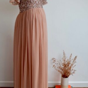 Maya Deluxe Maternity Taupe Blush Short Sleeved Sequinned Tulle Maxi Dress