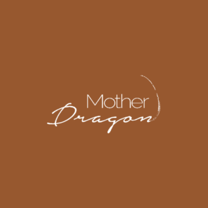 Mother Dragon logo in white font on dark caramel solid background