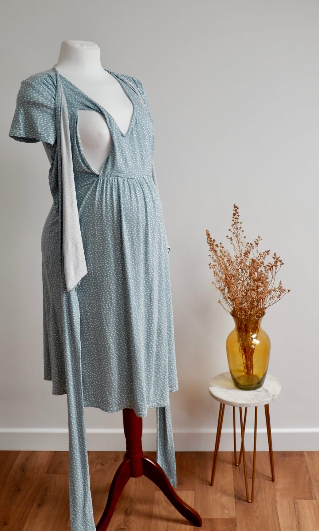 Seraphine Sage and White Polka Dot Maternity and Breastfeeding Dress